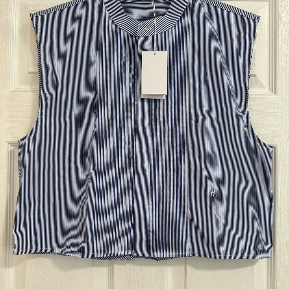 Helmut Lang Blue Sleeveless Crop Button Down Top